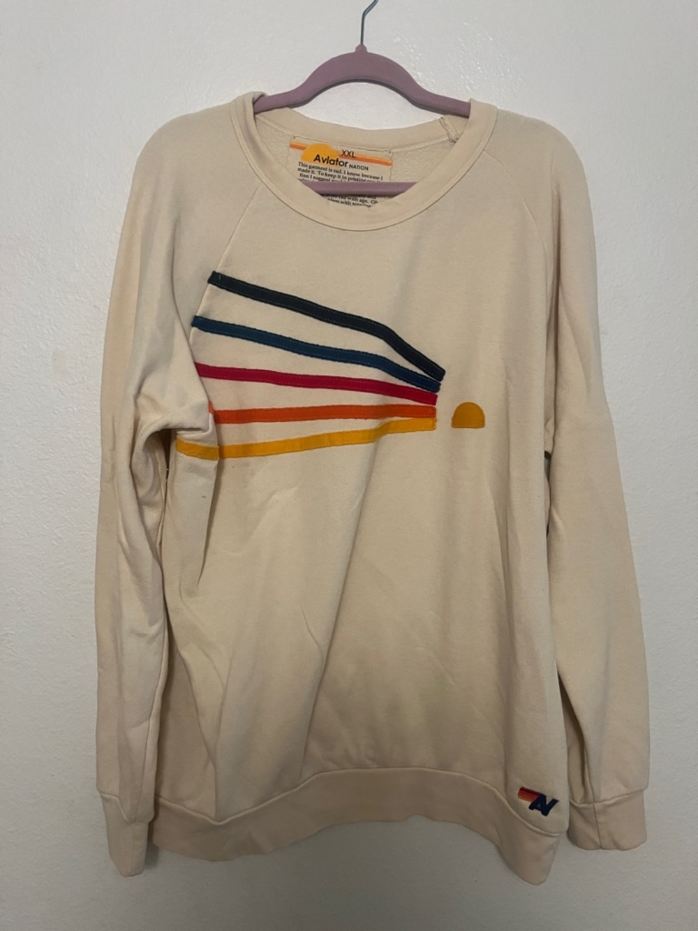 Aviator Nation Cream Crewneck with Multicolor Diagonal Stripes